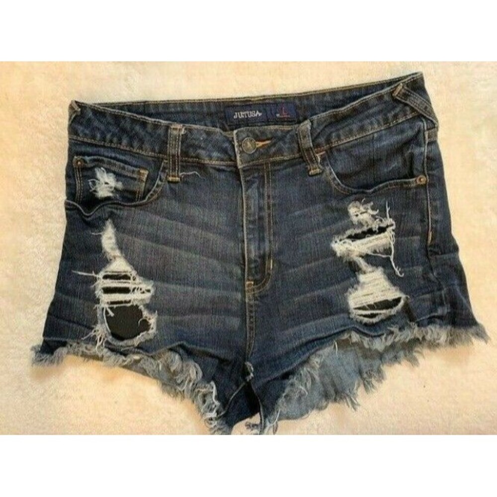 Just usa Womens Shorts Size Large Dark Wash Rip Torn Distress Stretch